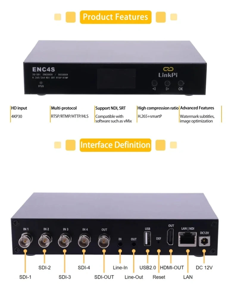 LinkPi ENC4S NDI Encoder - 4x SDI Encoder, 4K Decoder SRT, NDI, RTMP Live Streaming