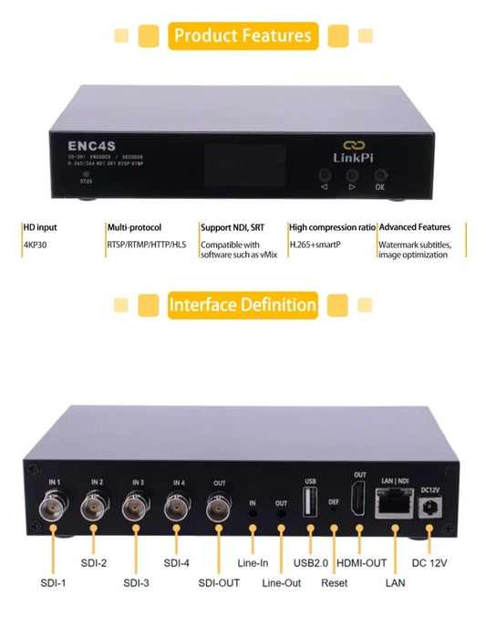 LinkPi ENC4S NDI Encoder - 4x SDI Encoder, 4K Decoder SRT, NDI, RTMP Live Streaming